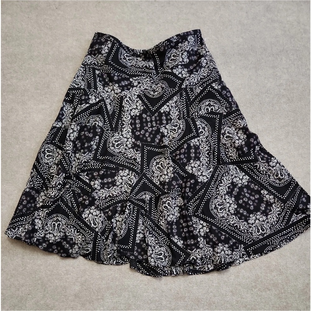 Lauren Ralph Lauren Midi Skirt 8 Black White Floral Tiered Side Zip 8